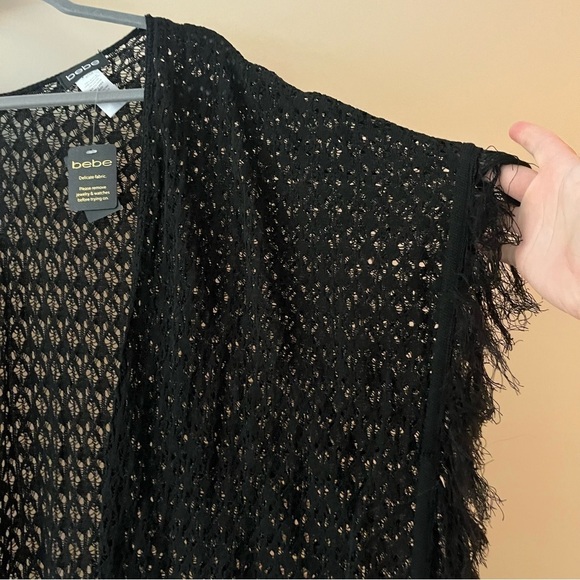 Bebe New Black Fringe One Size Crochet Open Front Cardigan Wrap Sweater BGSB - Picture 6 of 8